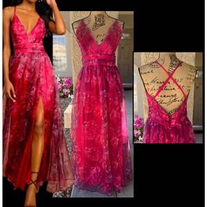 LuLus Organza Romance That Wows Magenta Floral Print Maxi Dress Size S